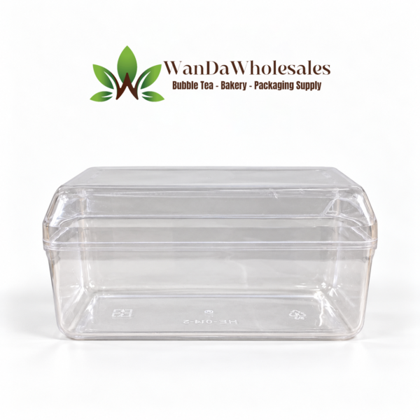 Clear rectangular cake container with fitted lid, 4.72 x 2.36 x 2.36 inches, Wanda Wholesales