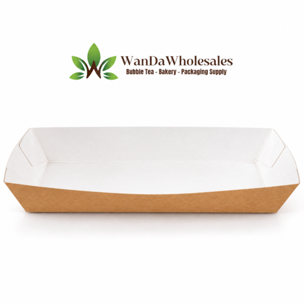 Long kraft paper food tray 22 x 8 x 4 cm, white lining, 800 pieces per case, Wanda Wholesales